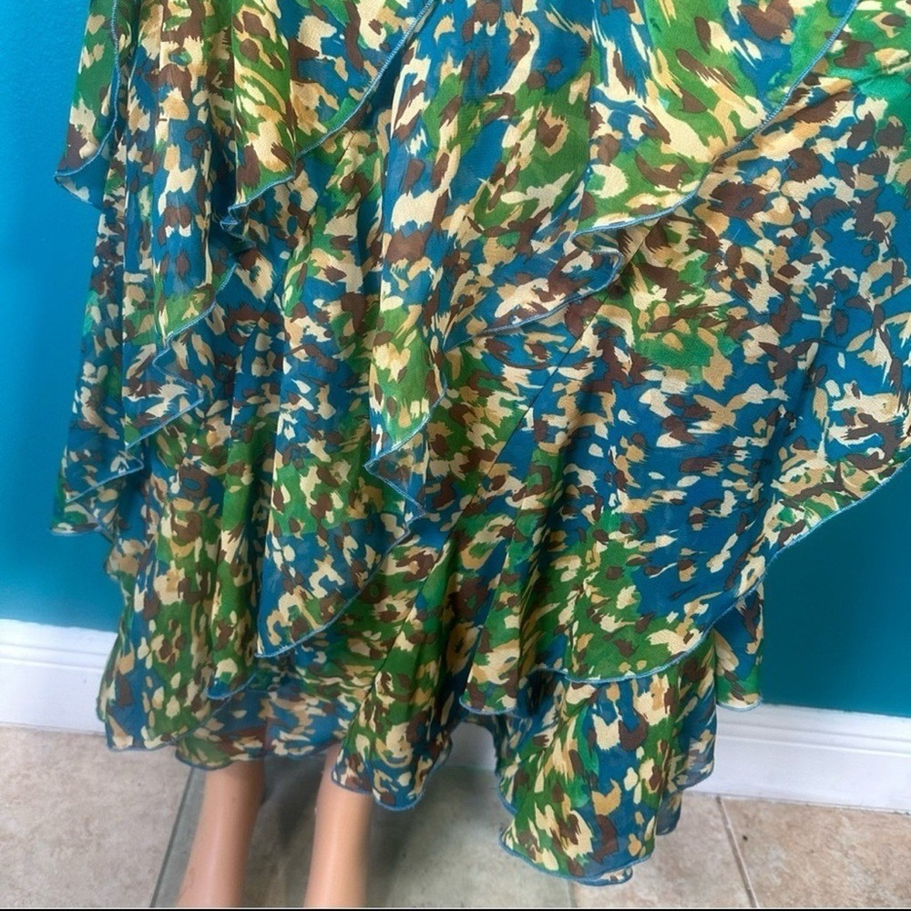 Robbie Bee Maxi Dress Women's Size 8 Ruffle Green Blue Abstract Print Tiered - Picture 4 of 12